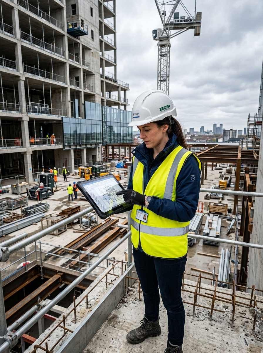 Female civil engineer with digital tablet on building construction site