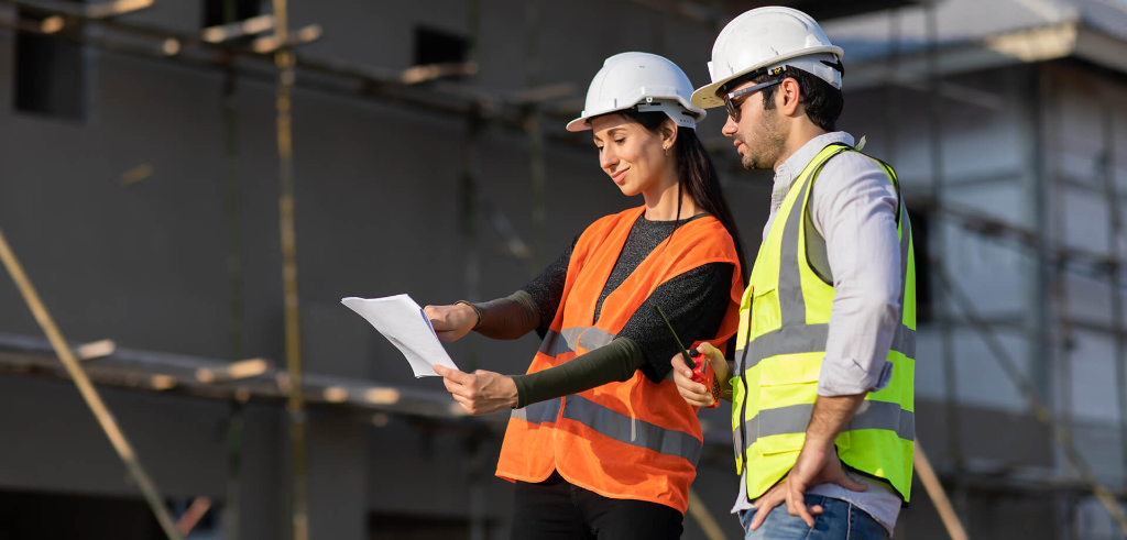 Civil engineers reviewing structural plans on commercial construction site