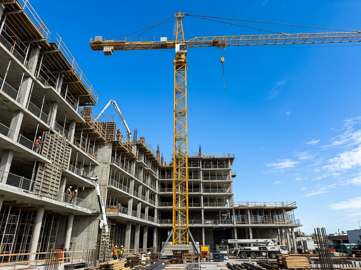 Tower crane over concrete building structure