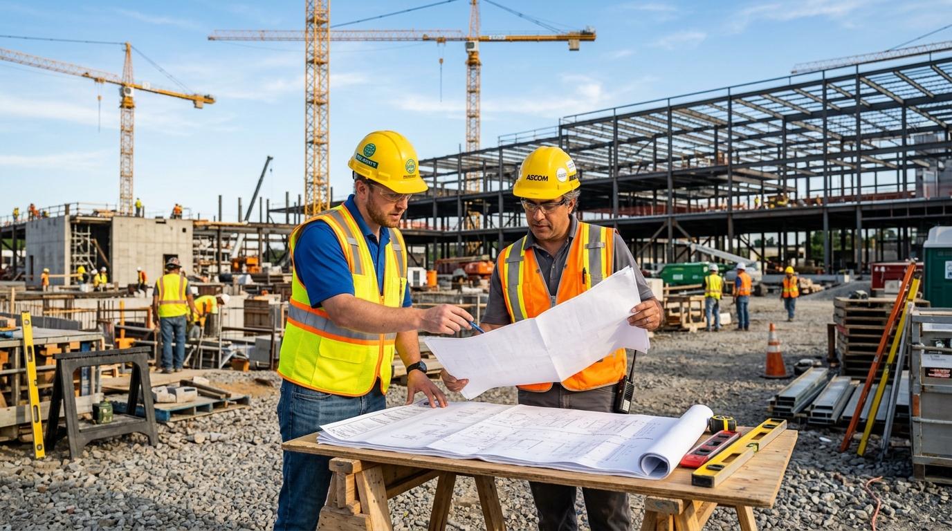 Civil engineers reviewing blueprints on active construction site
